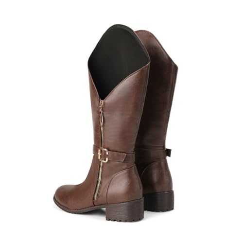 KUHAOFEU Kniehohe Damen Motorradstiefel mit seitlichem Reißverschluss und Druckknopfschnalle,Braun,40 EU von KUHAOFEU