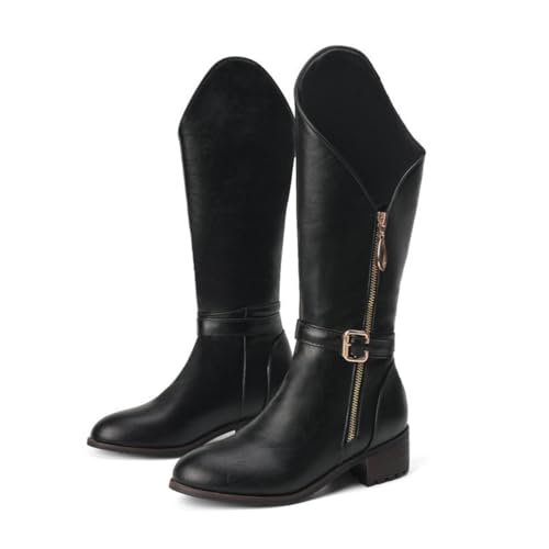 KUHAOFEU Kniehohe Damen Motorradstiefel mit seitlichem Reißverschluss und Druckknopfschnalle,Schwarz,45 EU von KUHAOFEU