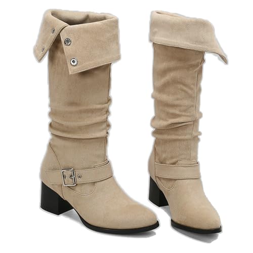 KUHAOFEU Kniehohe Stiefel Für Damen Wildlederimitat Breite Wade Breiter Absatz Schlupfstiefel Langschaft Westernstiefel,Beige,35 EU von KUHAOFEU