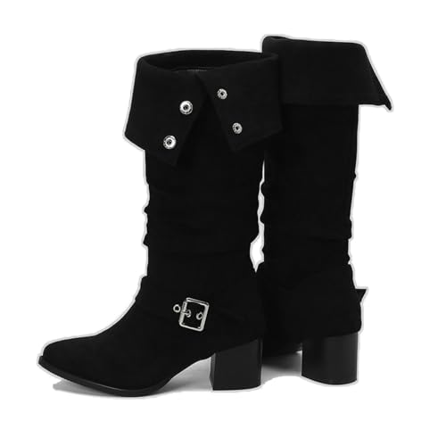 KUHAOFEU Kniehohe Stiefel Für Damen Wildlederimitat Breite Wade Breiter Absatz Schlupfstiefel Langschaft Westernstiefel,Schwarz,44 EU von KUHAOFEU