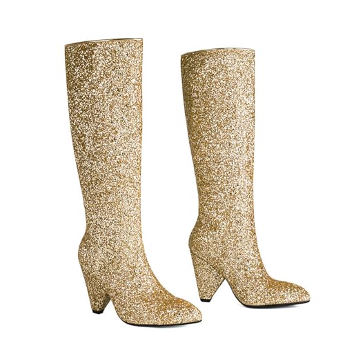 KUHAOFEU Knöchelhohe Stiefel für Frauen mit Dicker Blockabsatz, hohen Booties, Spitzen Zehen, leicht an- und auszuziehen, modische Lange Stiefel,Gold,37 EU von KUHAOFEU