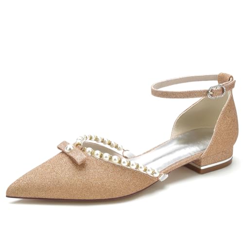 KUHAOFEU Komfort Geschlossene Zehen Riemchen Niedriger Absatz Flache Schuhe Glitzer Perle Hochzeitsschuhe für Frauen Braut,Champagne,40 EU von KUHAOFEU