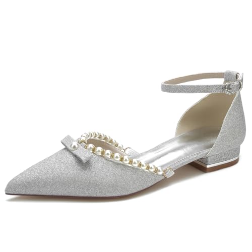 KUHAOFEU Komfort Geschlossene Zehen Riemchen Niedriger Absatz Flache Schuhe Glitzer Perle Hochzeitsschuhe für Frauen Braut,Silber,43 EU KUHAOFEU Komfort Geschlossene Zehen Riemchen Niedriger Absatz Flache Schuhe Glitzer Perle Hochzeitsschuhe für Frauen Braut,Silber,43 EU von KUHAOFEU