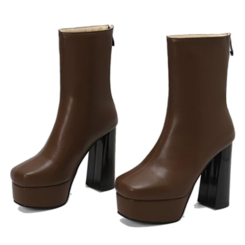 KUHAOFEU Modische Stiefel Für Frauen Hohe Absätze Stiefel Plattform Mit Reißverschluss Und Quadratischer Zehen,Braun,37 EU von KUHAOFEU