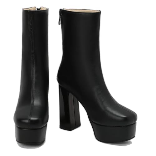 KUHAOFEU Modische Stiefel Für Frauen Hohe Absätze Stiefel Plattform Mit Reißverschluss Und Quadratischer Zehen,Schwarz,45 EU von KUHAOFEU