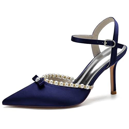 KUHAOFEU Perlen Riemchen Brautschuhe für Frauen Slingback Hoch Absatz Sommer Sandalen Spitze Zehen Abendschuhe mit Bogen,Marine,38 EU von KUHAOFEU