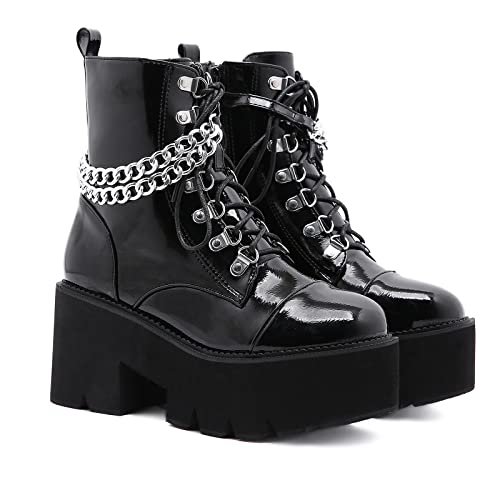 KUHAOFEU Plateau Gothic Frauen Schnürstiefel Dicker Absatz Kampfstiefel Runde Zehen Plateau Kurze Gothic Punk Ankle Boots,Schwarz,41 EU von KUHAOFEU