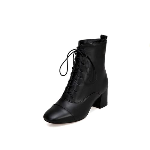 KUHAOFEU Schnürstiefeletten Damen Mit Blockabsatz Und Warmem Innenfutter Für Herbst Und Winter Kurze Stiefel,Schwarz,38 EU von KUHAOFEU