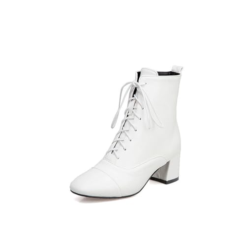 KUHAOFEU Schnürstiefeletten Damen Mit Blockabsatz Und Warmem Innenfutter Für Herbst Und Winter Kurze Stiefel,Weiß,38 EU von KUHAOFEU