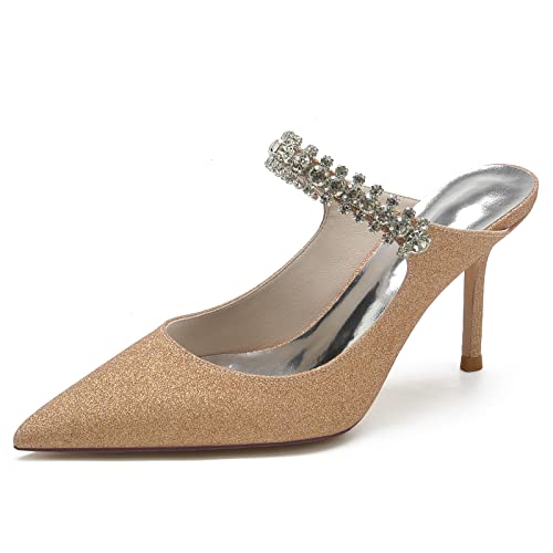 KUHAOFEU Spitze Zehe Strass Stöckelabsatz Slip on Pantoletten für Damen,Champagne,41 EU von KUHAOFEU