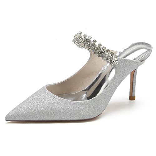KUHAOFEU Spitze Zehe Strass Stöckelabsatz Slip on Pantoletten für Damen,Silber,38 EU von KUHAOFEU