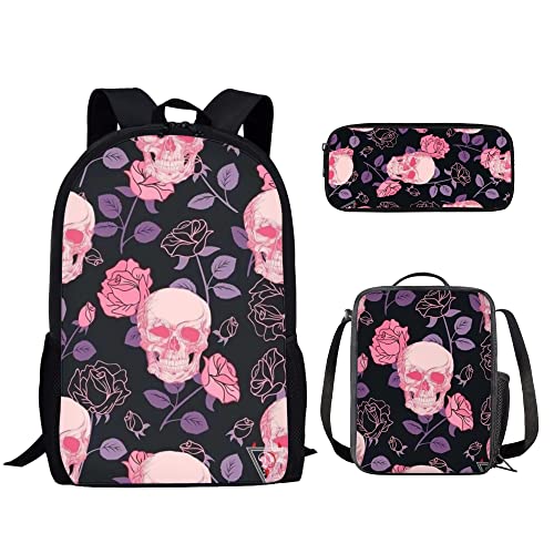 KUIFORTI 3-in-1 Kinder-Schulrucksack-Set mit Lunchtasche und Federmäppchen, 43,2 cm Schulranzen-Set für Jugendliche, Reiserucksack, Totenkopf Skelett Rose, Schulranzen-Set von KUIFORTI