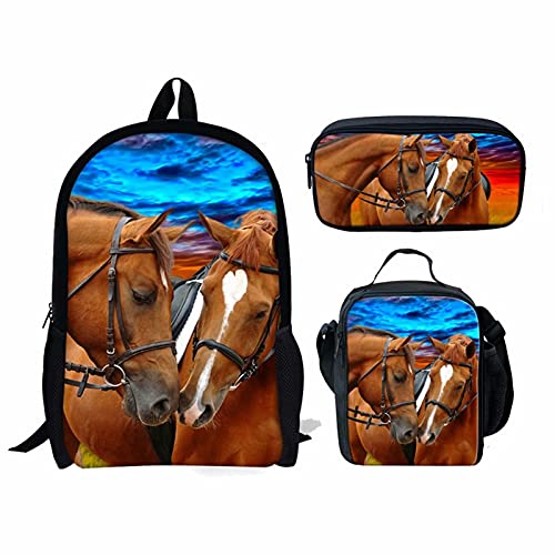 KUIFORTI 3 in 1 Rucksack Set Kinder Schulranzen Lunchtasche Federmäppchen Federmäppchen Geschenk für Teenager Jungen Mädchen, Pferdepaar, One Size, Schulrucksack von KUIFORTI