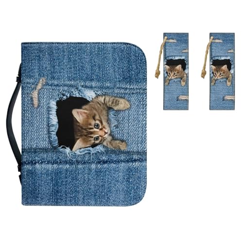 KUIFORTI Bibelhüllen mit 3D-Katzenmotiv für Damen, Denim-Druck, Bibeltragetasche, Set, 3-teilig, Bibelbuch-Tragetasche, blaue Tragetaschen mit Taschen, Lesezeichen, Griffen, Reißverschluss, von KUIFORTI