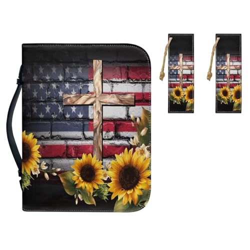 KUIFORTI Bibelhüllen mit USA-Flagge, Sonnenblume, Bibeltasche mit Lesezeichen, 3 Stück, christliches Bibelzubehör, Geschenke, PU-Leder, Bibeltragetasche mit Griffen, Taschen, Größe M von KUIFORTI