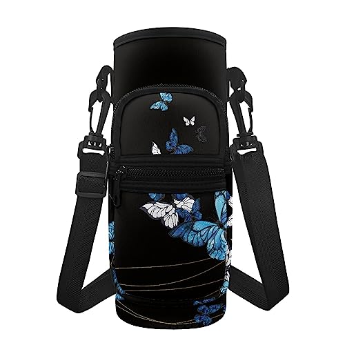 KUIFORTI Crystal Butterfly Wasserflasche Tragetasche Flaschenhülle Hülle Schmetterling Sport Wasserflasche Tasche Halter Damen Mädchen Neopren Crossbody Geldbörse mit Gurt und Handytasche, Blau von KUIFORTI