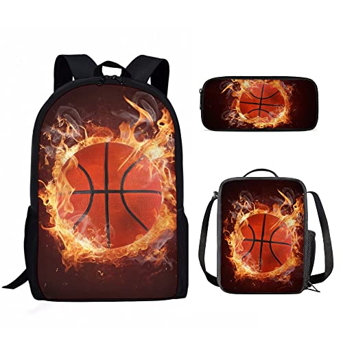 KUIFORTI Kinder-Schulranzen-Rucksack-Set, 3er-Pack, Schulbüchertaschen-Set mit Lunch-Tasche, Federmäppchen, Studenten, großer Rucksack, 3D Fire Basketball, Schulranzen-Set von KUIFORTI