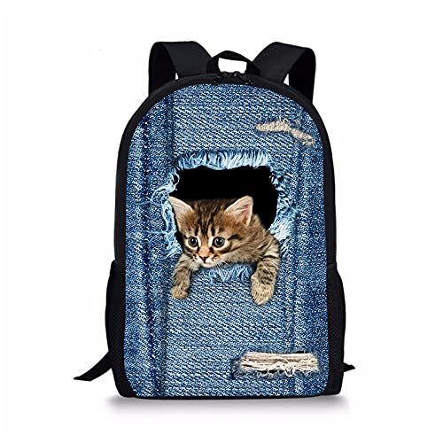 KUIFORTI Kinder Schulrucksack 43,2 cm Büchertaschen Casual Reiserucksack Jungen Mädchen Große Kapazität Tagesrucksack, Denim Cat, Einheitsgröße von KUIFORTI