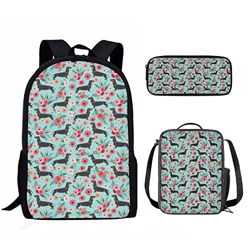 KUIFORTI Kinder-Schulrucksack-Set, 3-teiliges Schulranzen-Set mit Lunch-Tasche, Federmäppchen, Jungen, Mädchen, Reiserucksack, Dackel-Blume, Schulranzen-Set von KUIFORTI