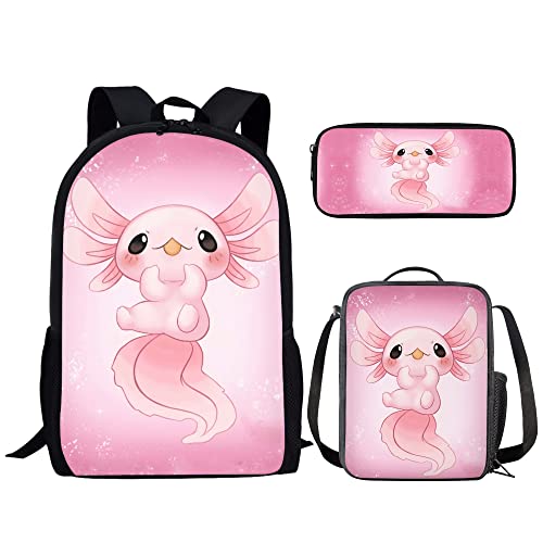 KUIFORTI Kinder-Schulrucksack-Set, 3-teiliges Schulranzen-Set mit Lunch-Tasche, Federmäppchen, Jungen, Mädchen, Reiserucksack, Rosa Axolotl, Schulranzen-Set von KUIFORTI