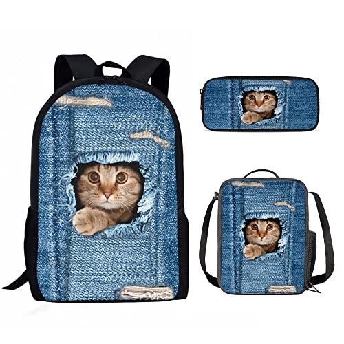 KUIFORTI Kinder-Schulrucksack-Set, 3-teiliges Schulranzen-Set mit Lunch-Tasche, Stifteetui, Jungen, Mädchen, Büchertasche, Niedliche Denim-Katze, Schulranzen-Set von KUIFORTI