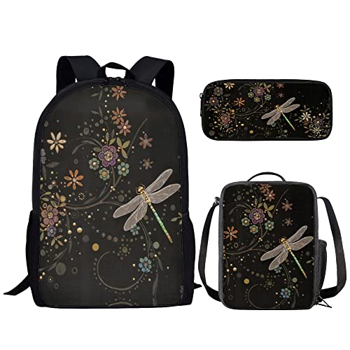 KUIFORTI Kinder-Schulrucksack-Set, 3-teiliges Schulranzen-Set mit Lunch-Tasche, Stifteetui, Jungen, Mädchen, Büchertasche, libelle, Schulranzen-Set von KUIFORTI