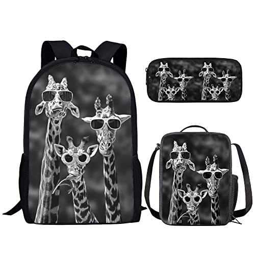 KUIFORTI Kinder-Schulrucksack-Set mit Lunch-Tasche, Federmäppchen, 3-teiliges Set für Jungen und Kinder, lässiger Tagesrucksack, Lustige Giraffe, Schulranzen-Set von KUIFORTI