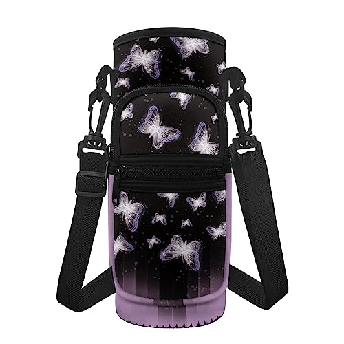 KUIFORTI Kristall-Schmetterlings-Wasserflaschen-Abdeckung, Flaschenträger mit Riemen, Schmetterling, Sport-Wasserflasche, Schultertasche, Hülle, Tasche für Damen und Mädchen, Neopren, Umhängetasche für Reisen und Wandern von KUIFORTI