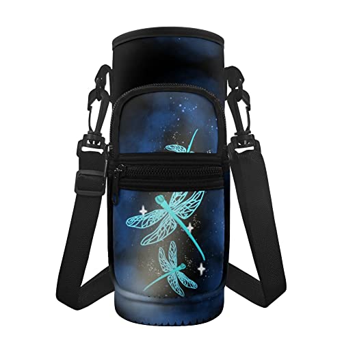 KUIFORTI Neon Libelle Wasserflasche Tasche Halter Flaschenhülle Hülle mit Handytasche, Frauen Mädchen Crossbody Wasserflasche Tasche Sport Wasserflasche Träger Sling Wallet für Schule Reisen Picknick von KUIFORTI