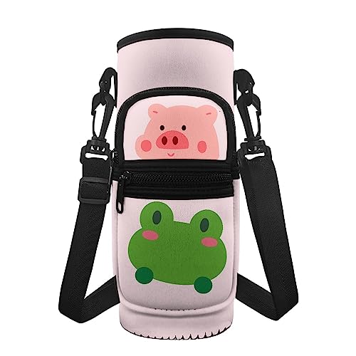 KUIFORTI Niedlicher Froschschwein-Wasserflaschenhalter, Tasche, Flaschenträger mit Handytasche, rosa Froschschwein, Sport-Wasserflasche, Schultertasche, Handtasche, Damen und Mädchen, große Schlinge von KUIFORTI