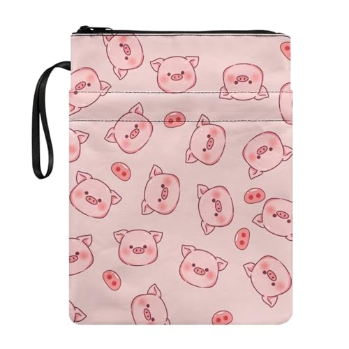 KUIFORTI Pink Pig Buchhülle für Buchliebhaber, Kinder, Schulbuchhüllen, niedlicher Schweine-Druck, Mädchen, Buchhülle, Buchschoner mit Reißverschluss, Büchertaschen, Organizer-Tasche von KUIFORTI