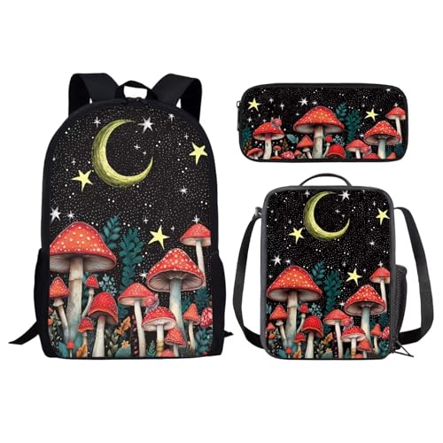 KUIFORTI Rucksack-Set, 3-in-1, Schultasche, Lunch-Tasche, Federmäppchen, Geschenk für Teenager, Jungen, Mädchen, Mushroom Moon, Einheitsgröße, Schulrucksack von KUIFORTI