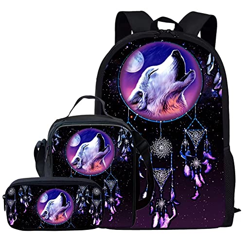 KUIFORTI Rucksack-Set, 3-in-1, Schultasche, Lunchtasche, Federmäppchen, Geschenk für Teenager, Jungen, Mädchen, Traumfänger mit Wolf-Aufdruck, Einheitsgröße, Schulrucksack von KUIFORTI