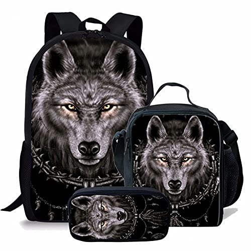 KUIFORTI Rucksack Set 3-in-1 Kinder Schultasche, Lunch-Tasche, Federmäppchen Geschenk für Teenager, Jungen und Mädchen, Black Wolf, Einheitsgröße, Schulrucksack von KUIFORTI