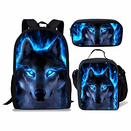 KUIFORTI Rucksack Set 3-in-1 Kinder Schultasche, Lunch-Tasche, Federmäppchen Geschenk für Teenager, Jungen und Mädchen, Neon Wolf Blau, Einheitsgröße, Schulrucksack, KIF-CA4912CGK-R von KUIFORTI