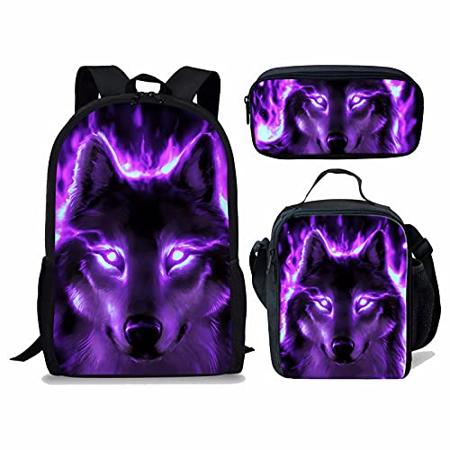 KUIFORTI Rucksack Set 3-in-1 Kinder Schultasche, Lunch-Tasche, Federmäppchen Geschenk für Teenager, Jungen und Mädchen, Neon Wolf Lila, Einheitsgröße, Schulrucksack von KUIFORTI