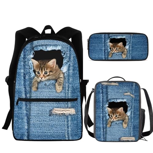 KUIFORTI Schulbüchertaschen-Set für Kinder, 3-teiliges Schultaschen-Set mit Lunchbox, Federmäppchen, Denim-Tasche für Katzen, Einheitsgröße, Schulrucksack von KUIFORTI