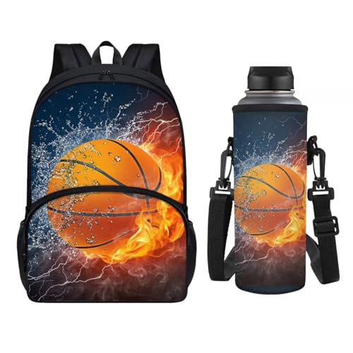 KUIFORTI Schulrucksack-Set für Kinder, 2-teilig, mit Wasserflaschenhülle für Reisen, Wandern, Picknick, Feuer-Basketball, Schulranzen-Set von KUIFORTI