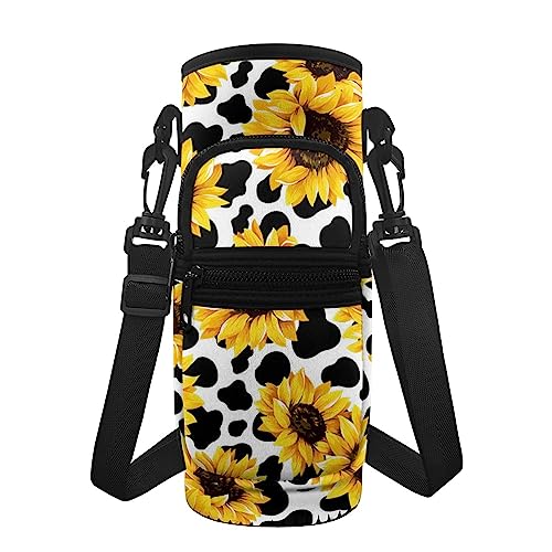 KUIFORTI Wasserflaschenhalter mit Sonnenblumen-Kuh-Aufdruck, Sonnenblumen-Schultertasche, Schultertasche, Flaschenträger für Damen und Mädchen, große Umhängetasche für Reisen, Wandern, Camping von KUIFORTI