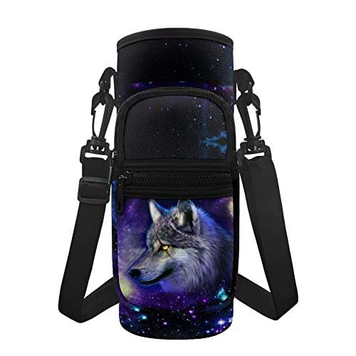 KUIFORTI Wasserflaschenhalter mit Handytasche, Galaxie-Wolf-Wasserflaschen-Tragetasche für Teenager, Erwachsene, Crossbody-Trinkflasche, Schultertasche, Handtasche, Geldbörse, große Wasserbecher-Hülle von KUIFORTI