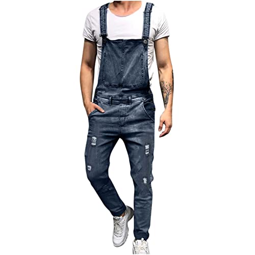 KUIH Mode Herren Jeans, Latzhose Slim Fit Lang Hose Denim Jumpsuit Vintage Overall Workwear Männer Cargohose Jogginghose Trainingshose Freizeithose Loose mit Löcher für Männer von KUIH