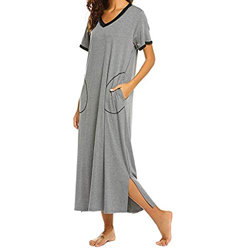 Nachthemd Damen Kurze Ärmel Seitenschlitz Einfarbig Loungewear Nachtkleid Midilang Negligee Lässiges Kurze Ärmel Sleepshirt Kurzarm V-Ausschnitt Sleepwear Mit Taschen Bequeme Freizeitkleid von KUIH