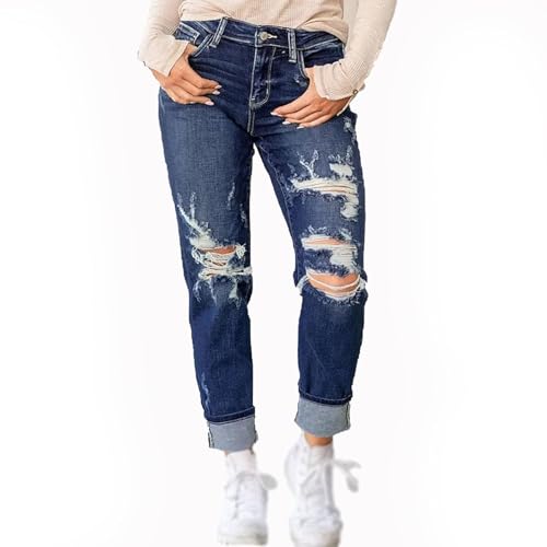 KUIPATE Tummy Control Distressed Cuffed Boyfriend Jeans Damen Ripped Straight-Leg High Waist Jeans, Dunkelblau, 9 Punkte, L von KUIPATE