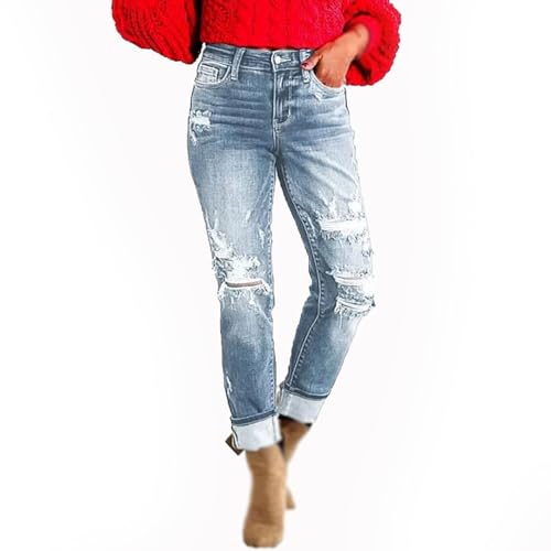 KUIPATE Tummy Control Distressed Cuffed Boyfriend Jeans Damen Ripped Straight-Leg High Waist Jeans, Hellblau, regulär, XXL von KUIPATE