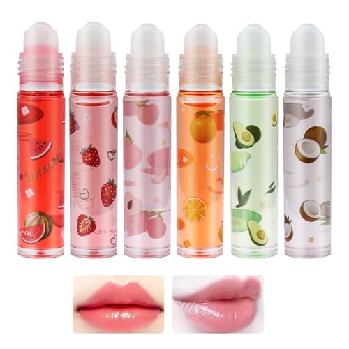 Roll On Glitter Lipgloss,Farblos Lipgloss Durchsichtig,Glitzer-Lipgloss Aufrollen, Lip Gloss Obst Geschmack Feuchtigkeitsspendende Lippenstifte,Lip Shiner Roll-On für trockene Lippen (6pcs) von KUIRUNRX