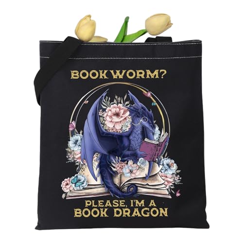 KUIYAI Vintage Book Dragon Gift Please I'm A Book Dragon Canvas Tote Bag Book Lover Gift Shopping Bag Shoulder Bag Travel Bag, Buch Dragonuk, L von KUIYAI