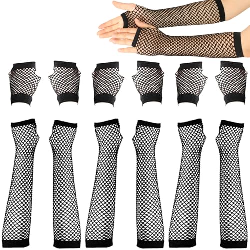 KUIZHEN Fischnetz Handschuhe - 6 Paar Lang und Kurz, Netz Mesh Fingerlos für Damen - 80er Jahre Verkleidung Kostüm Party Lieferungen Schwarz von KUIZHEN