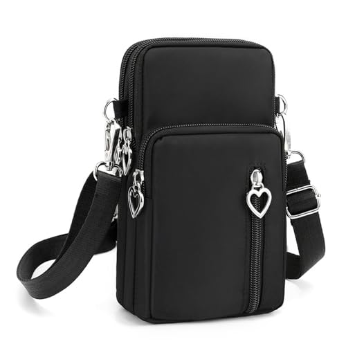 KUIZHEN Handytasche zum Umhängen, Groß Handy Tasche Nylon Crossbody Bag mit vielen Fächern Verstellbarer Abnehmbarer Schultergur Handy Schultertasche 20X11cm Schwarz von KUIZHEN