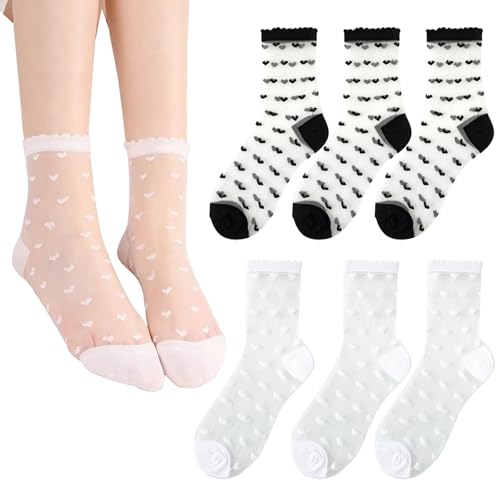 Transparente Socken Herzförmig Muster, 6 Paar Sommer Knöchel Rüschen Socken,Dünne Feinstrümpfe Durchsichtige Netzsocken für Damen Mädchen(Schwarz + Weiß) von KUIZHEN