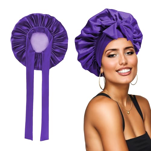 KUJUHA Haube für lockiges Haar, Seidenhaube für schlafende Frauen, Satin-Schlafhaube, doppellagig, verstellbar, mit Bindeband, Violett/Hellviolett, Medium von KUJUHA